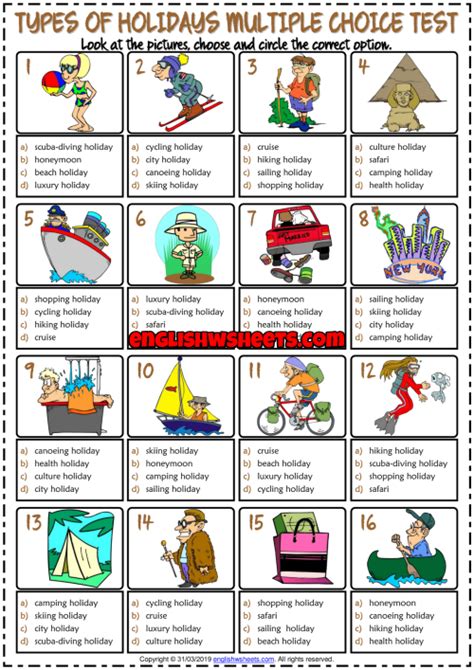 Holiday Types Esl Printable Multiple Choice Test For Kids