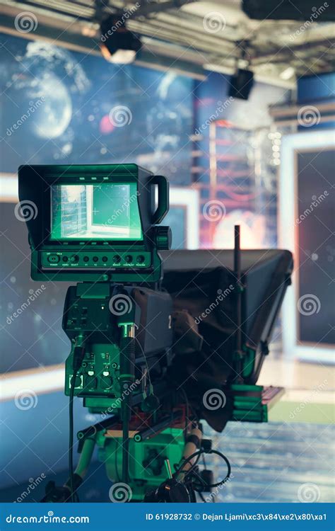 Television Studio With Camera And Lights Recording Tv News Stock