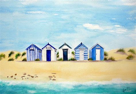 Southwold Blue And White Beach Huts Beach Watercolor Original