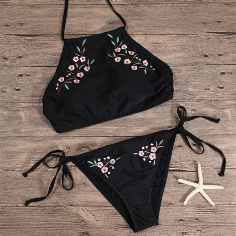Embroidery Bikinis Swimsuit Floral Printed Strappy Bikini Set Bandage
