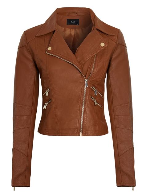 Womens Faux Leather Biker Jacket Ladies Brown Tan Coat Size 16 8 10 12