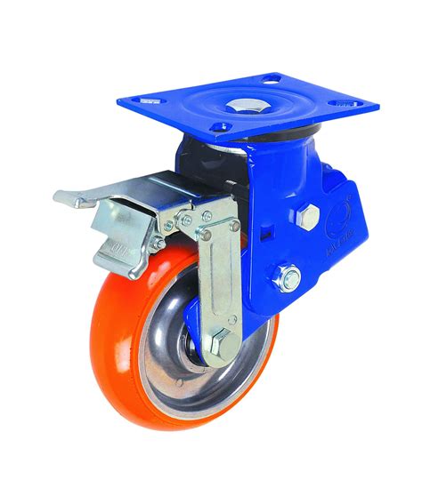 6 Inch Plate Heavy Duty Agv Caster Wheel With Brakes Industrial Shock