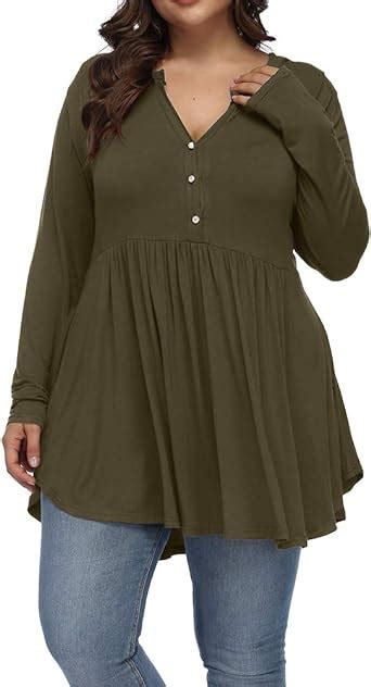 Allegrace Womens Plus Size Henley V Neck Button Tunic Tops Long Sleeve