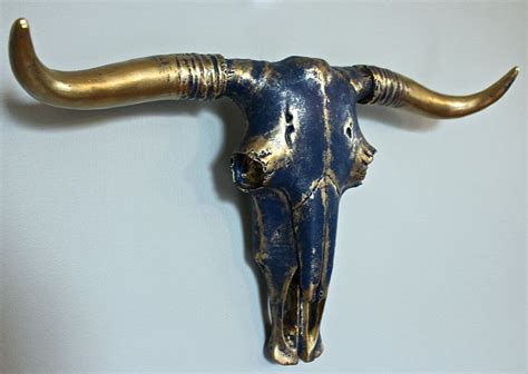 Bull Skull Faux Taxidermy Blue Brass Cow Head Wall Mount Texas Etsy