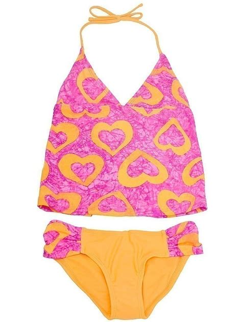 Raisins Girls Fuchsia Orange Heart Pattern Halter 2 Pc Tankini Swimsuit