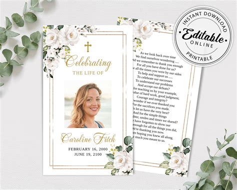 Editable Funeral Prayer Card Template Printable Memorial Etsy