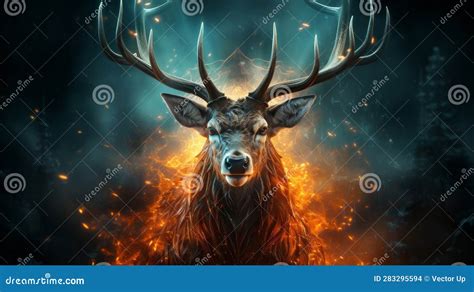 Digital Art Of Deer With Glowing Antlers Generative Ai Stock
