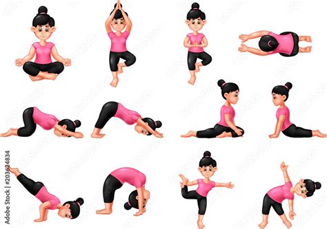 Set With Beautiful Woman Cartoon Exercising Various Different Yoga