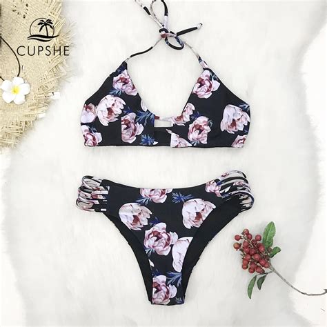 Cupshe Flower Print Reversible Bikini Sets Women Sexy Strappy Halter