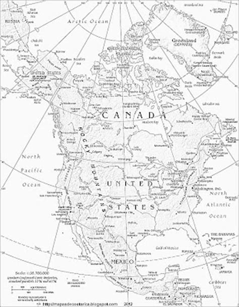 El continente de américa del norte se encuentra situado completamente dentro del hemisferio norte. Mapa fisico-politico de Norteamerica, Blanco y negro