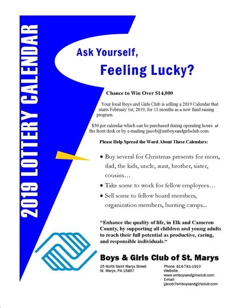 2019 Lottery Calendar Fundraiser Boys And Girls Club Of St Marys
