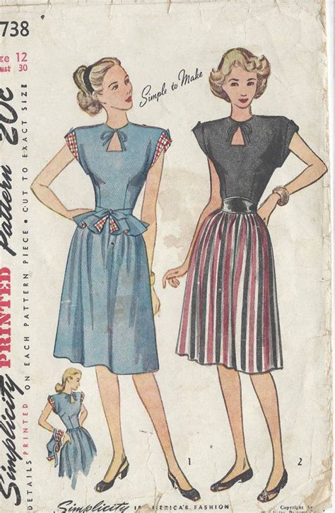1946 Vintage Sewing Pattern B30 Dress And Detachable Etsy Simplicity