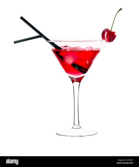 Red Drink In Martini Glass Garnished With Marachino Cherry Isolated On White Background Stock