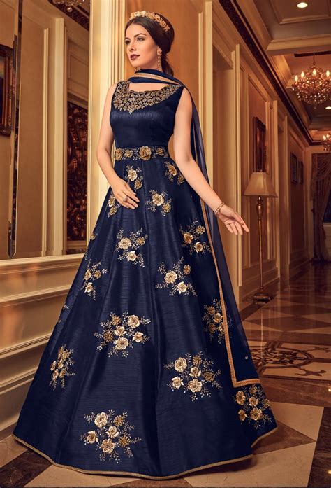 Navy Blue Art Silk Designer Achkan Style Suit Indian Gowns Silk Anarkali Suits Indian