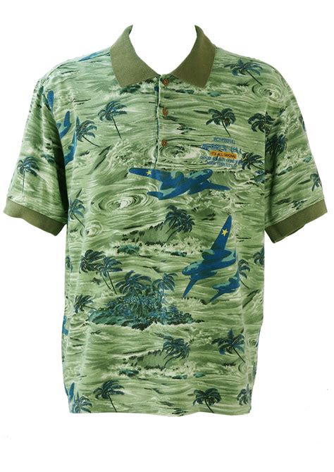 Avirex Green And Blue Polo Shirt With Fighter Plane And Hawaiian Print