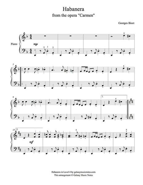 Habanera From Carmen Bizet Intermediate Piano Solo Sheet Music