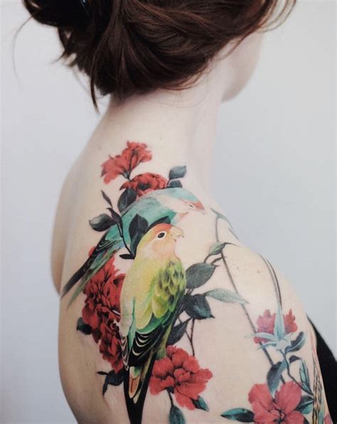 Home Shirley Liang Tattoos Colorful Bird Tattoos Floral Back Tattoos