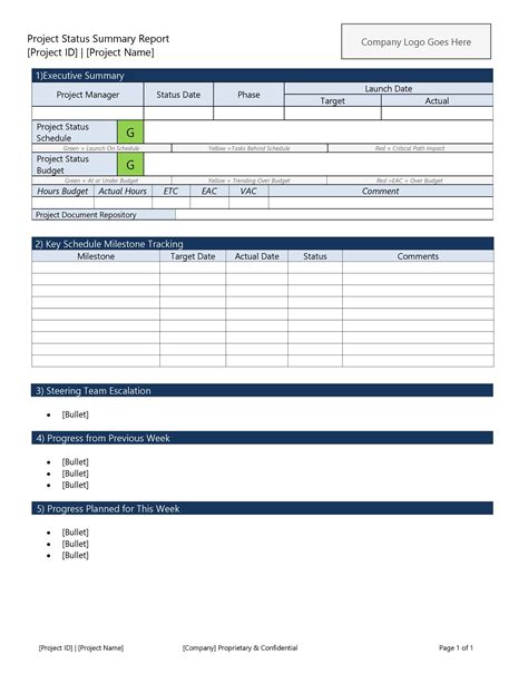 Simple Project Status Report Template