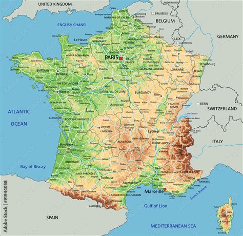 Photo And Art Print High Detailed France Physical Map With Labeling