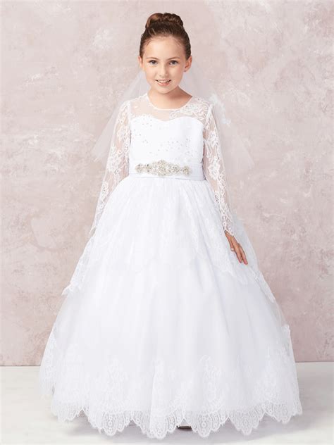 Floor Length First Communion Dress With Long Lace Sleeves Buy Long