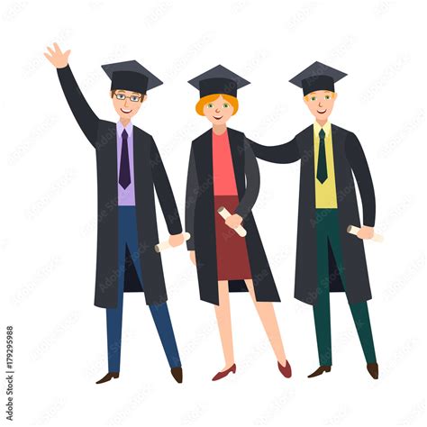 Three Happy College Graduates Students In Graduation Cap And Gown
