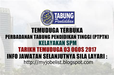 Jawatan kosong tahun 2017 yang terdapat di pos malaysia yang perlu diisi dengan kadar segera.kepada sesiapa yang berminat bekerja di sektor kerajaan dan swasta yang berkelayakan dipelawa untuk memohon sekarang juga iaitu : Temuduga Terbuka di PTPTN Pada 03 Ogos 2017