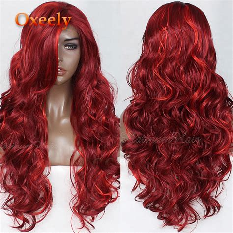 Oxeely Ombre Red Wave Wigs Synthetic Lace Front Wig With Bangs Heat Resistant Long Red Wavy Hair