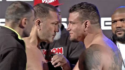 kubrat pulev steps to frank mir both butt heads and stare each other down at triad combat weigh
