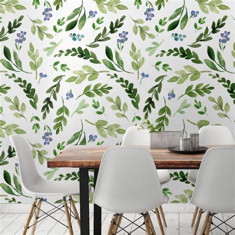 Watercolor Green Leafs Removable Wallpaper Colorful Leaves Etsy