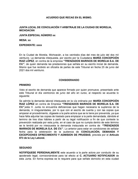 ejemplo de un acuerdo laboral ACUERDO QUE RECAE EN EL MISMO JUNTA LOCAL DE CONCILIACIÓN Y