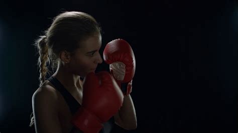 Woman Boxer Kicking Air In Slow Motion Woman Fighter Training Punch On