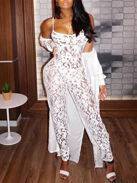 Solid See Through Lace Spaghetti Strap Jumpsuit Lace Jumpsuit White Lace Jumpsuit Long Jumpsuits