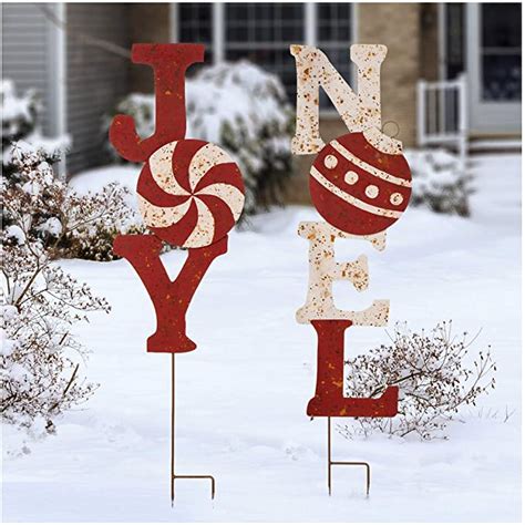Glitzhome Set Of 2 Rusty Metal Joy And Noel Yard Stakes Welcome Sign