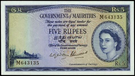 Mauritius 5 Rupees 1954 Queen Elizabeth Iiworld Banknotes And Coins