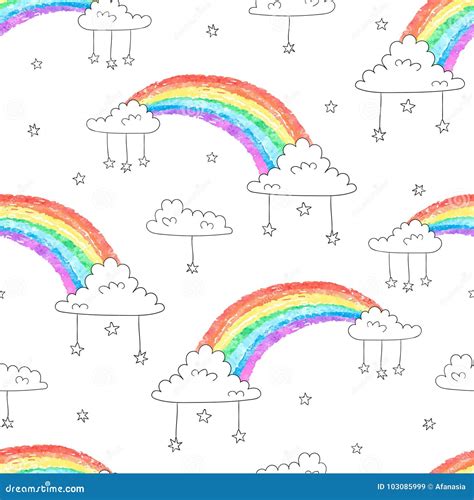 Seamless Pattern With Cartoon Rainbows And Clouds Stock Vector