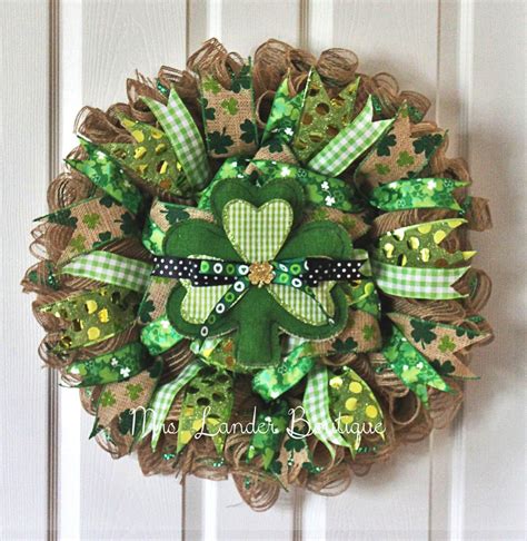 Saint Patricks Day Burlap Deco Mesh Wreath Shamrock Wreath Lucky