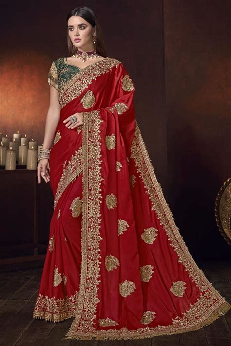 Red Heavy Work Bridal Party Wear Saree Sarees Designer Collection