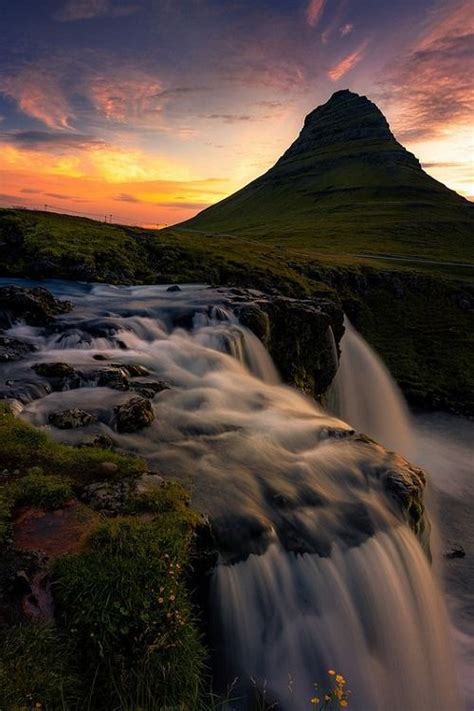 Sunset Was Seen At Mount Kirkjufell And Waterfalls In Iceland Sunset