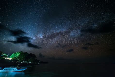 Milky Way Starry Sky Glowing Stars In The Night On Tropical Island