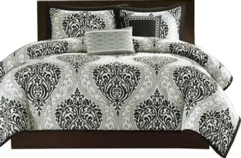 California King Size 5 Piece Black White Damask Comforter Set