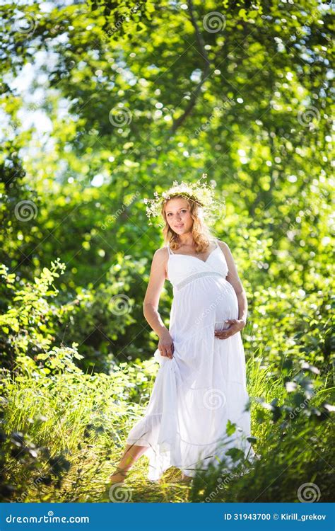 Pregnant Woman In Green Forest Stock Photo Image Of Dress Awaiting