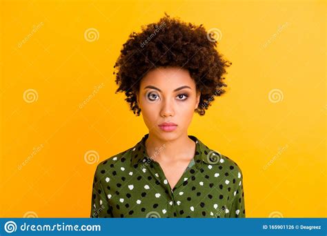 Close Up Photo Of Focused Modern Afro American Girl Look Good Ready