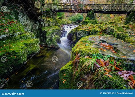 Cascades Under Wooden Bridge On Mountain Stream With Mossy Rocks In