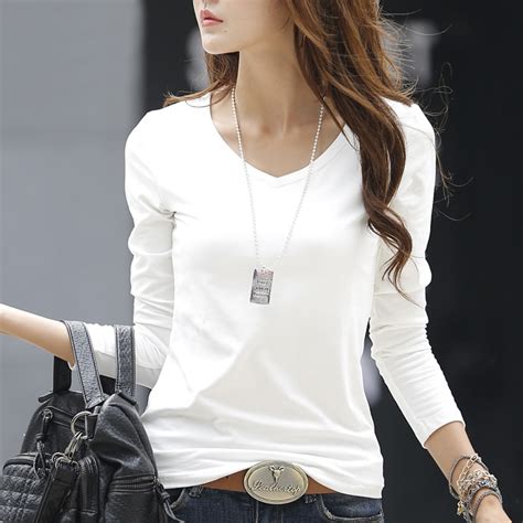 2017 New Spring White Long Sleeve T Shirt Women Solid Color V Neck