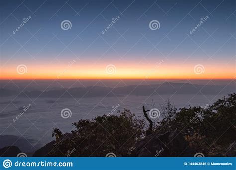 Landscape Of Colorful Sky With Foggy On Mountain At Morning Stock Photo