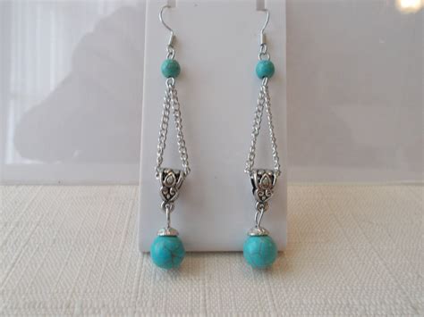 Silver Tone Chain Earrings With Turquoise Beads Dangles By Maryannsway