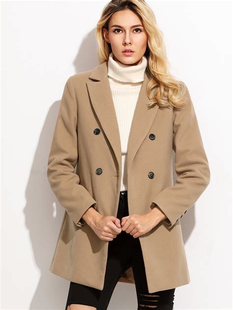 Camel Double Breasted Coat With Welt Pocket Sheinsheinside