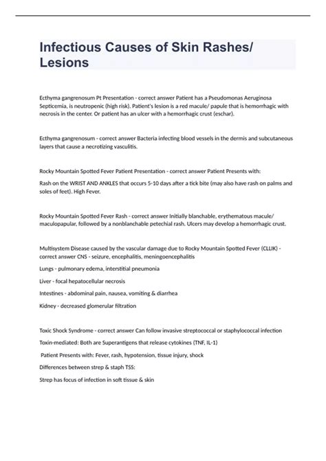 Infectious Causes of Skin Rashes Lesions Written Exam Questions With
