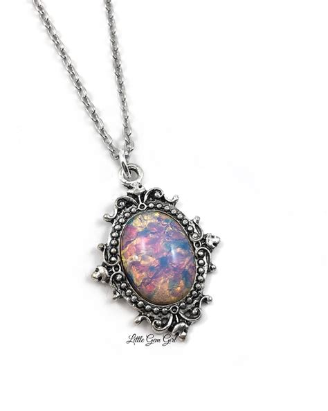 Czech Glass Fire Opal Amulet Necklace October Birthstone Rainbow Harlequin Opal Pendant Etsy