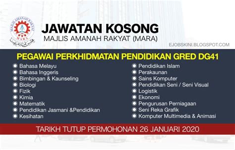 Sila klik di link berikut untuk ketahui iklan penuh & cara memohon: Jawatan Kosong Pegawai Perkhidmatan Pendidikan DG41 MARA ...